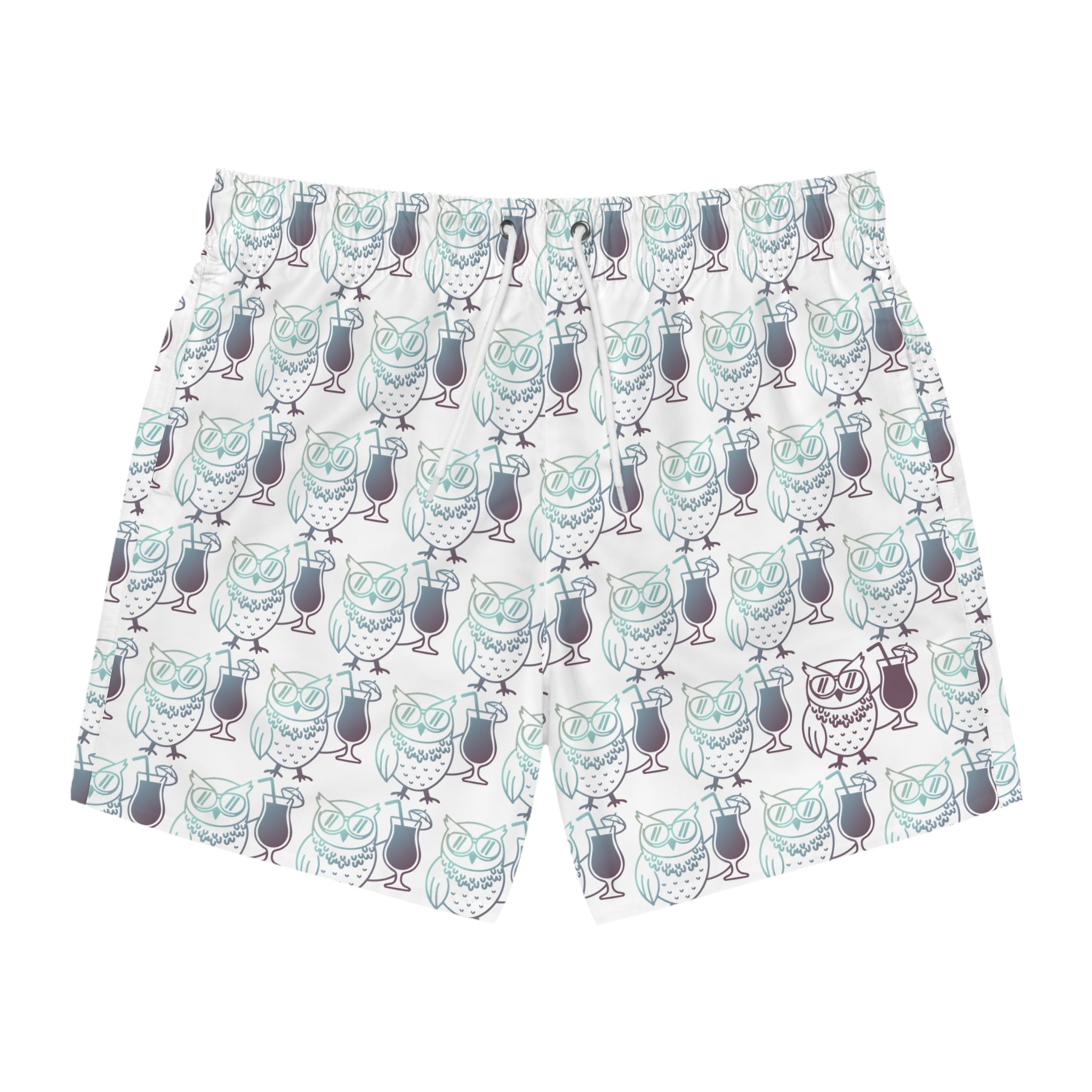 Owl Beach Trunks — Fall 25 White All-Over Print Beach Shorts