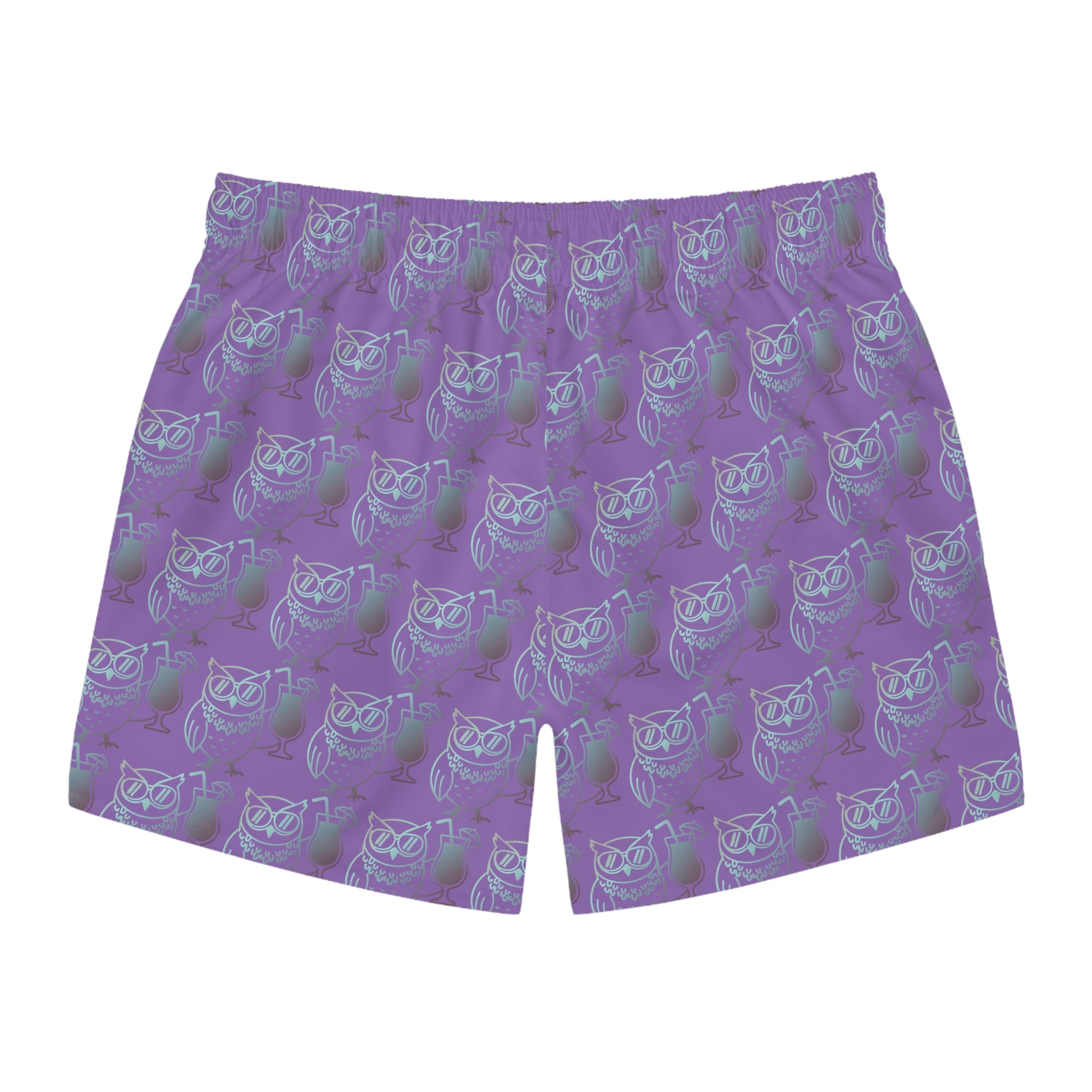 Owl Beach Trunks — Fall 25 Purple All-Over Print Beach Shorts
