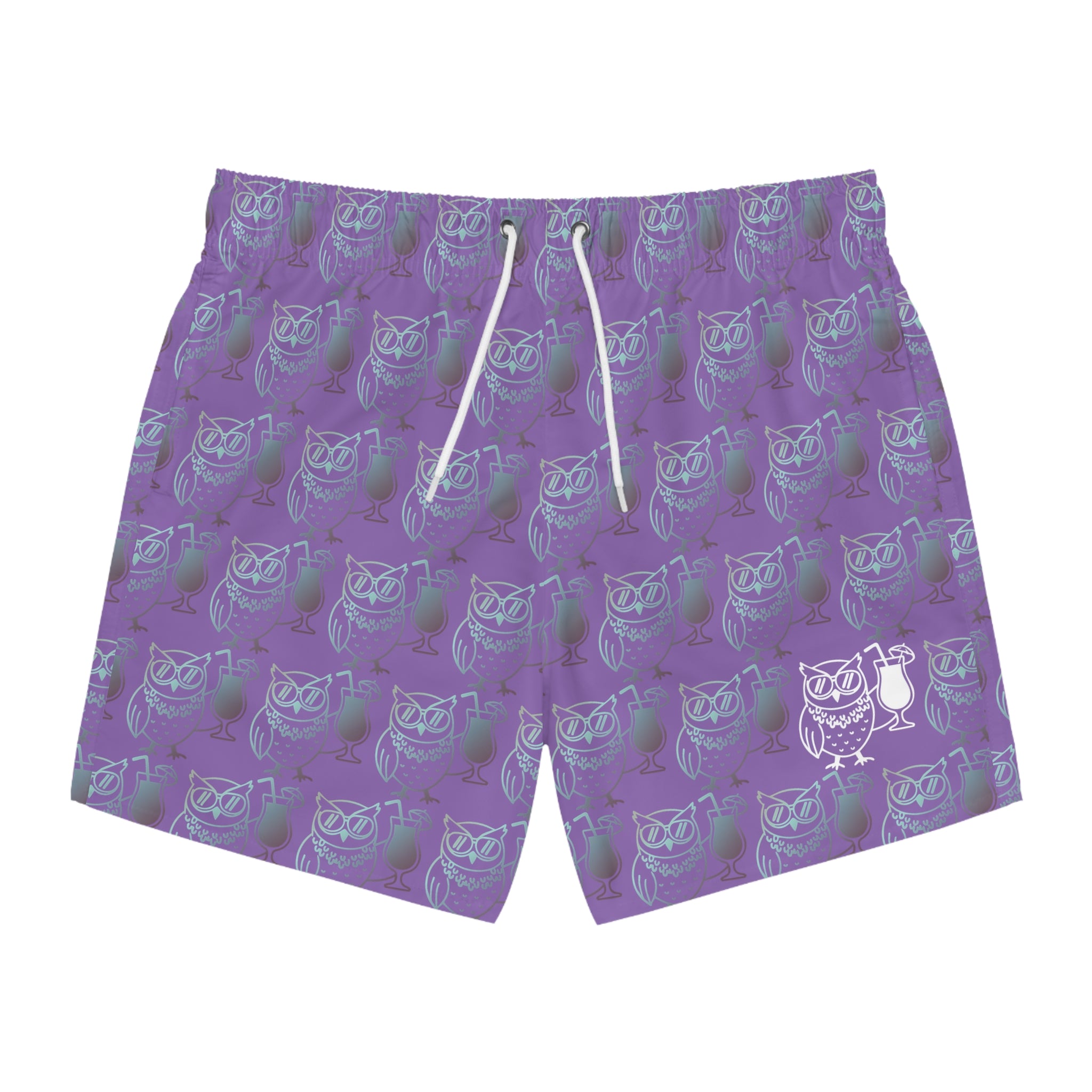 Owl Beach Trunks — Fall 25 Purple All-Over Print Beach Shorts