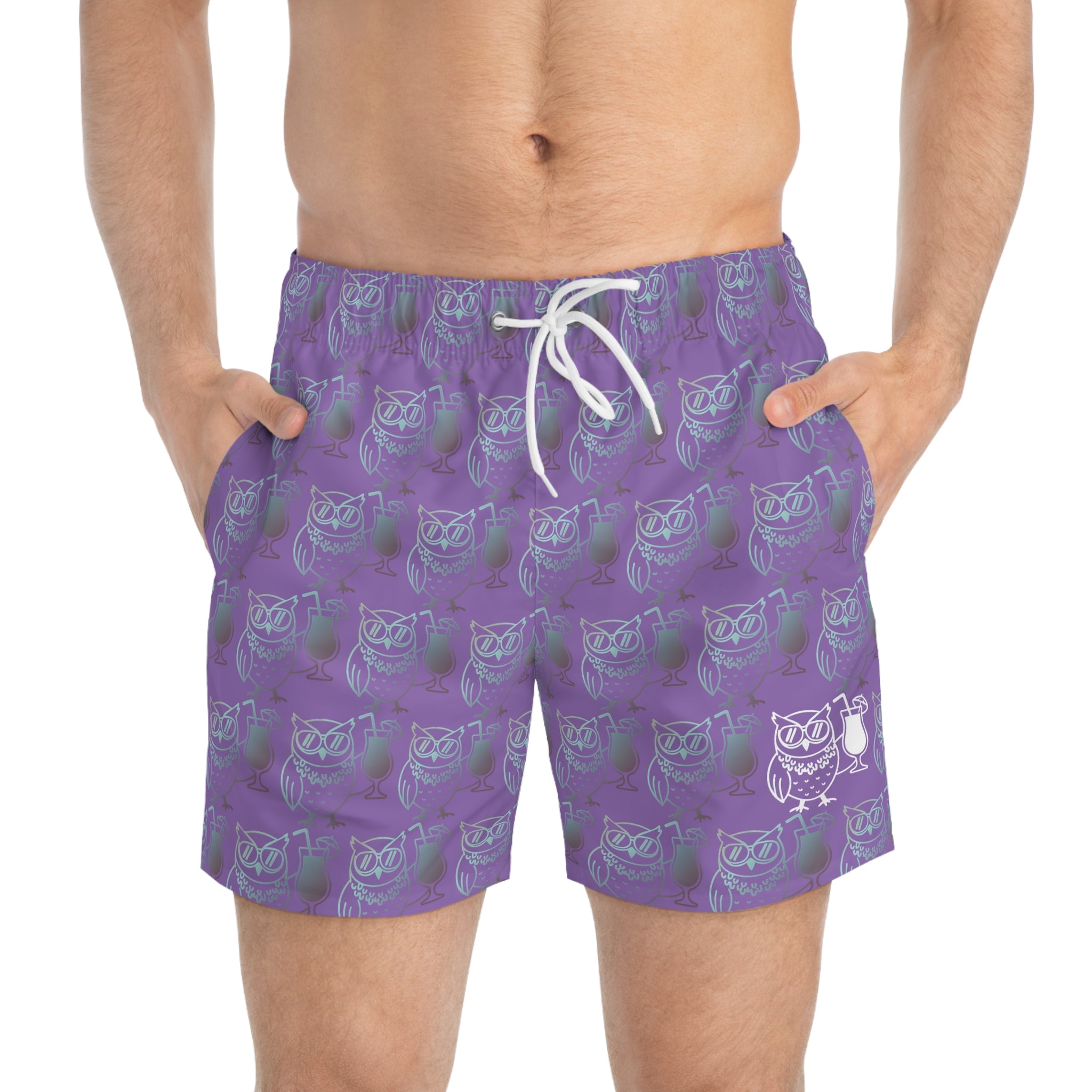 Owl Beach Trunks — Fall 25 Purple All-Over Print Beach Shorts