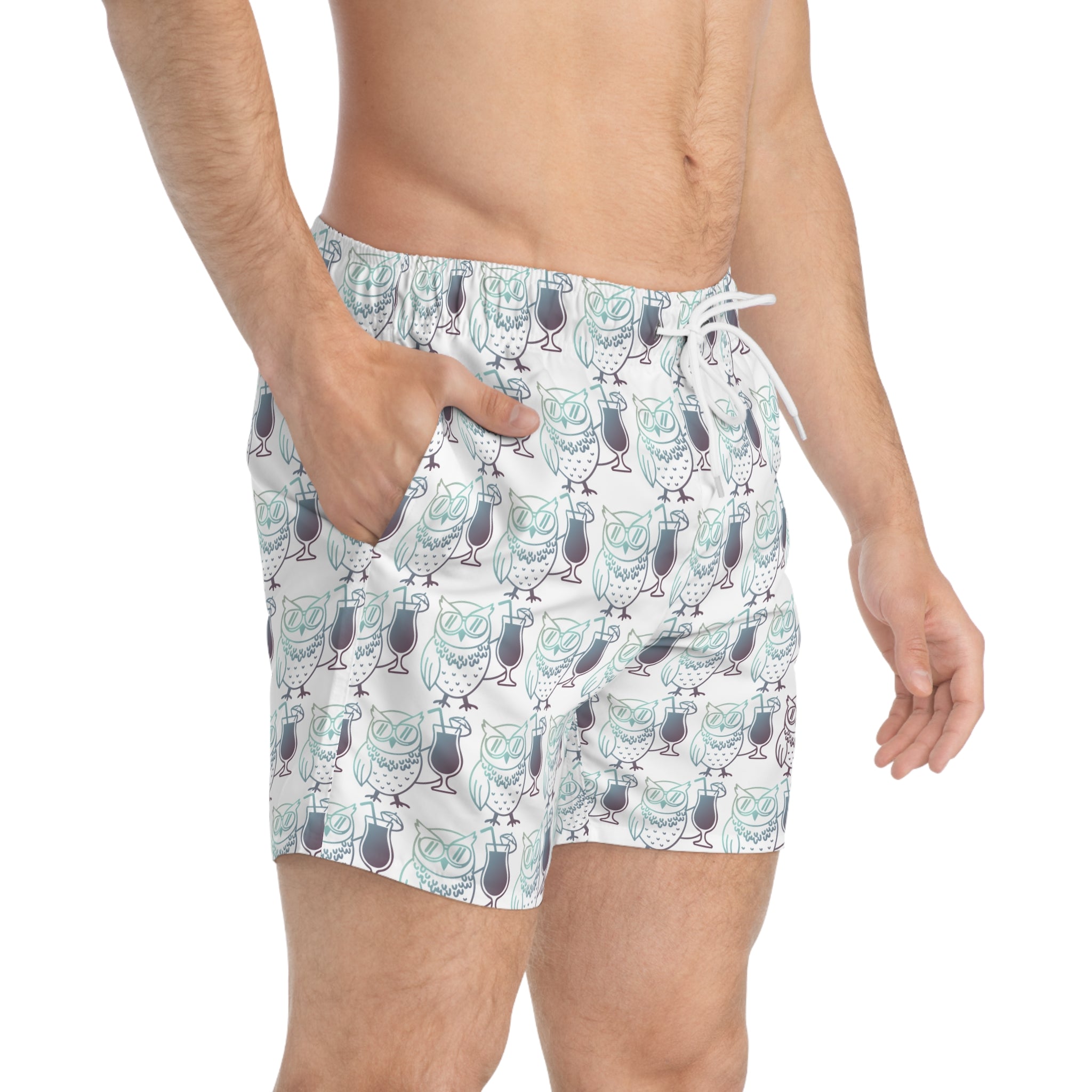 Owl Beach Trunks — Fall 25 White All-Over Print Beach Shorts