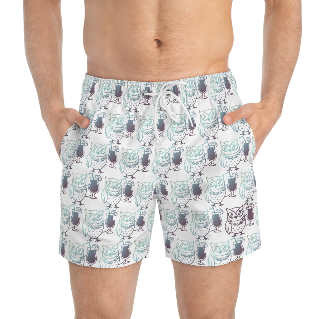 Owl Beach Trunks — Fall 25 White All-Over Print Beach Shorts