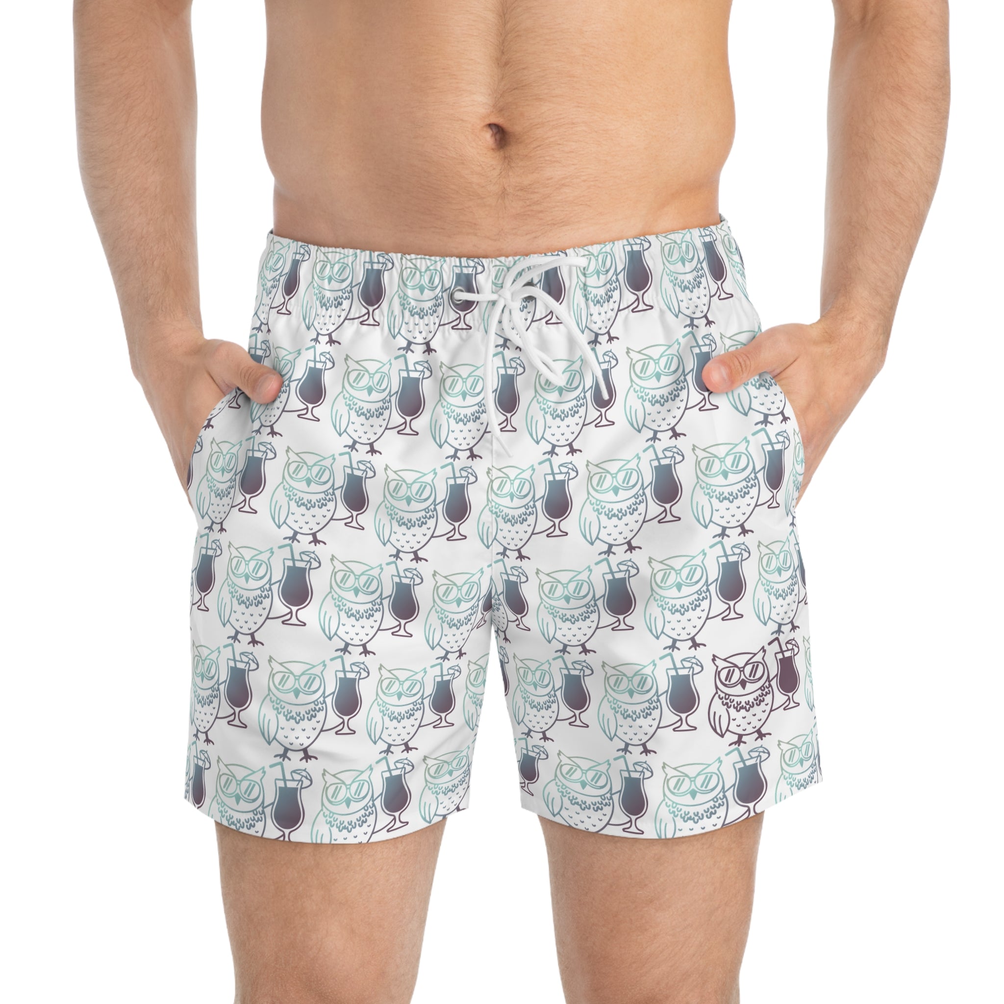 Owl Beach Trunks — Fall 25 White All-Over Print Beach Shorts